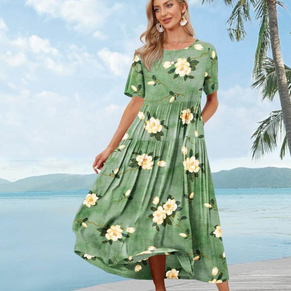 Women Casual Loose Bohemian Floral Dress with Pockets Short Sleeve Long Maxi Sum - Picture 2 of 5